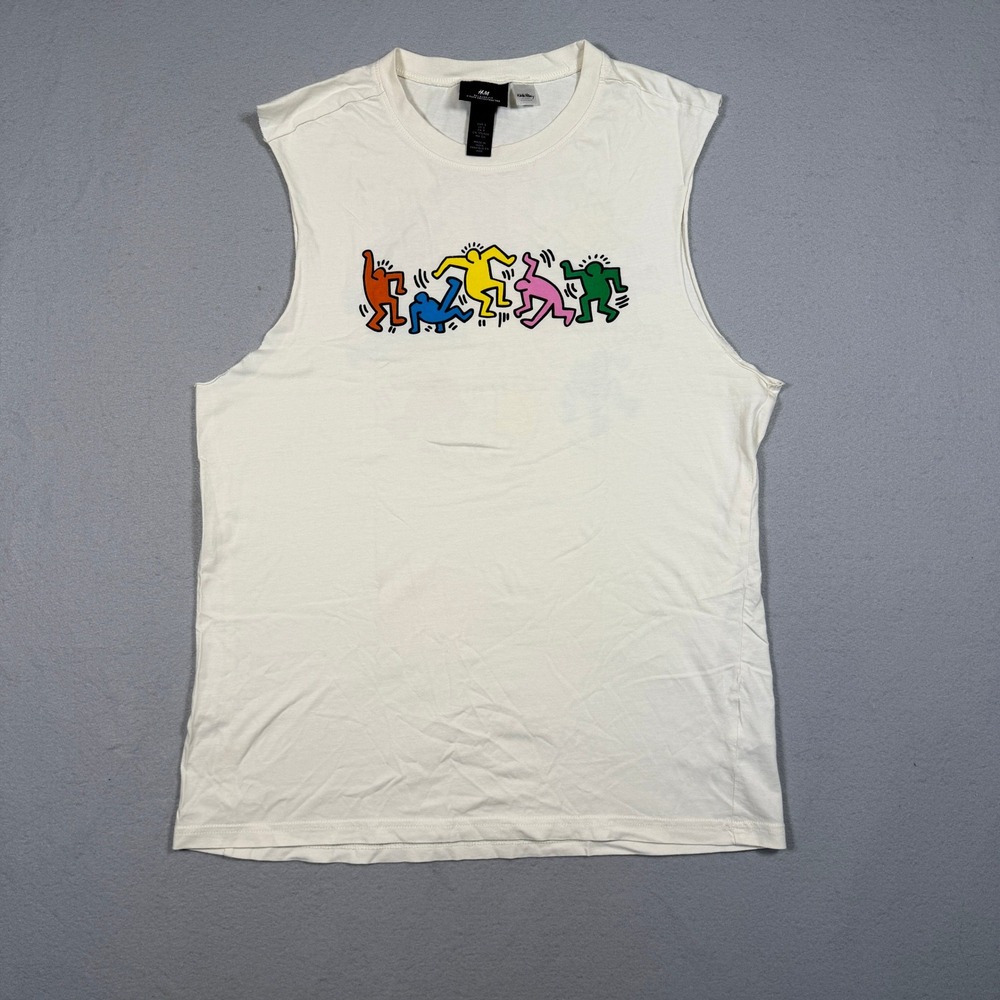 H&M Keith Haring Muscle Tank Top Men S Off White Graphic Sleeveless Cutoff Tee